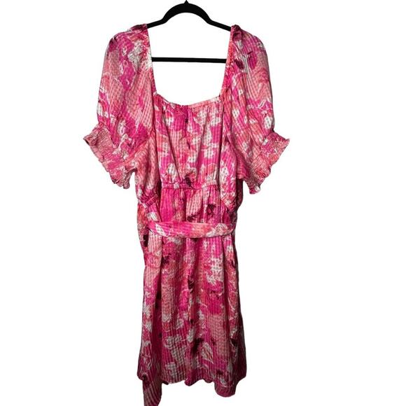 Lane Bryant Dress Size 22 Pink Smocked Cuff-Sleeve Square-Neck Fit & Flare Belt - Picture 6 of 13